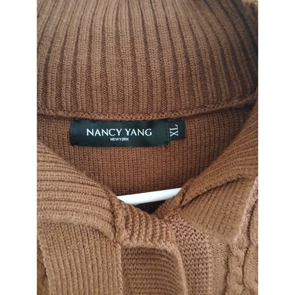 Nancy Yang Womens XL Cable Knit Cardigan Sweater Funnel Collar Cottagecore Brown - Picture 3 of 5